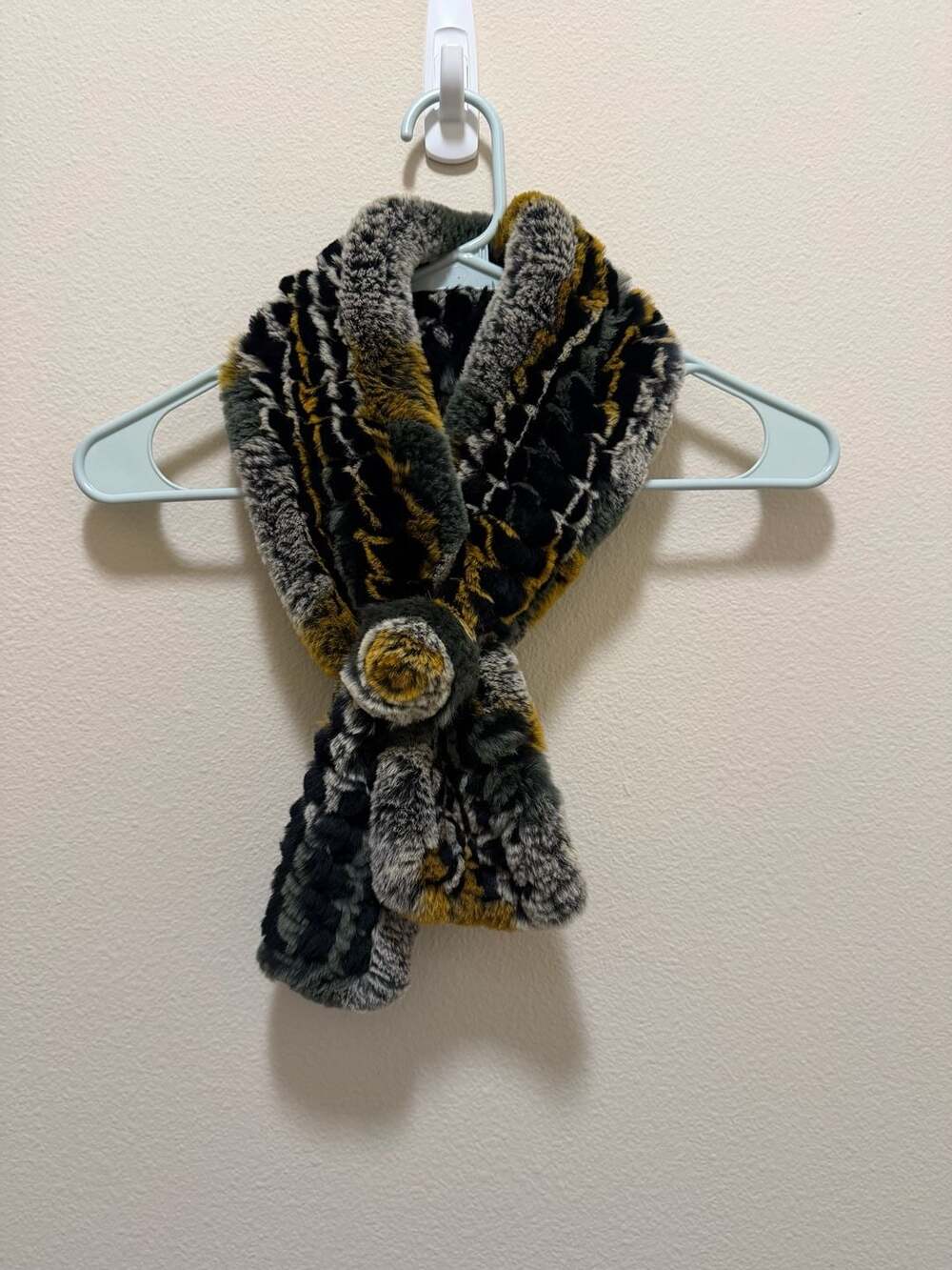 A.J. Ugent Furs Green and Gold Rex Rabbit Fur Scarf with Rosette